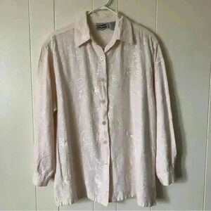 Lemon Grass Vintage Button Down Embroidered Cotton/Linen Blend Shirt Blouse L